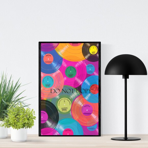 Vibrant Neon Vinyl Records Art Print - 11x17 Unframed Poster - Colorful Music Wa - Picture 1 of 5